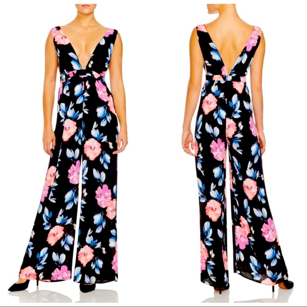 Aqua Black Neon Floral Deep V Jumpsuit Size L